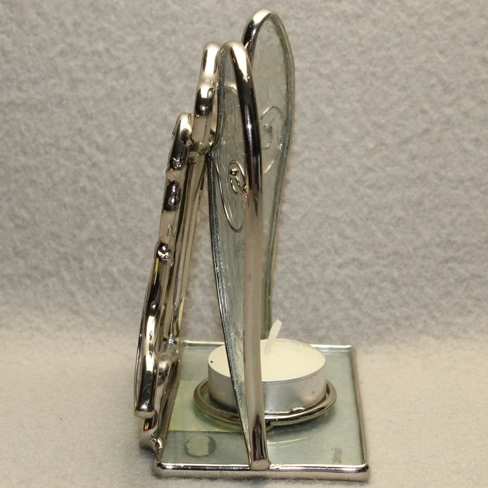 Stained Glass Angel Candle Holder Blue Green Harp Tea Light Religious Decor Vtg‎